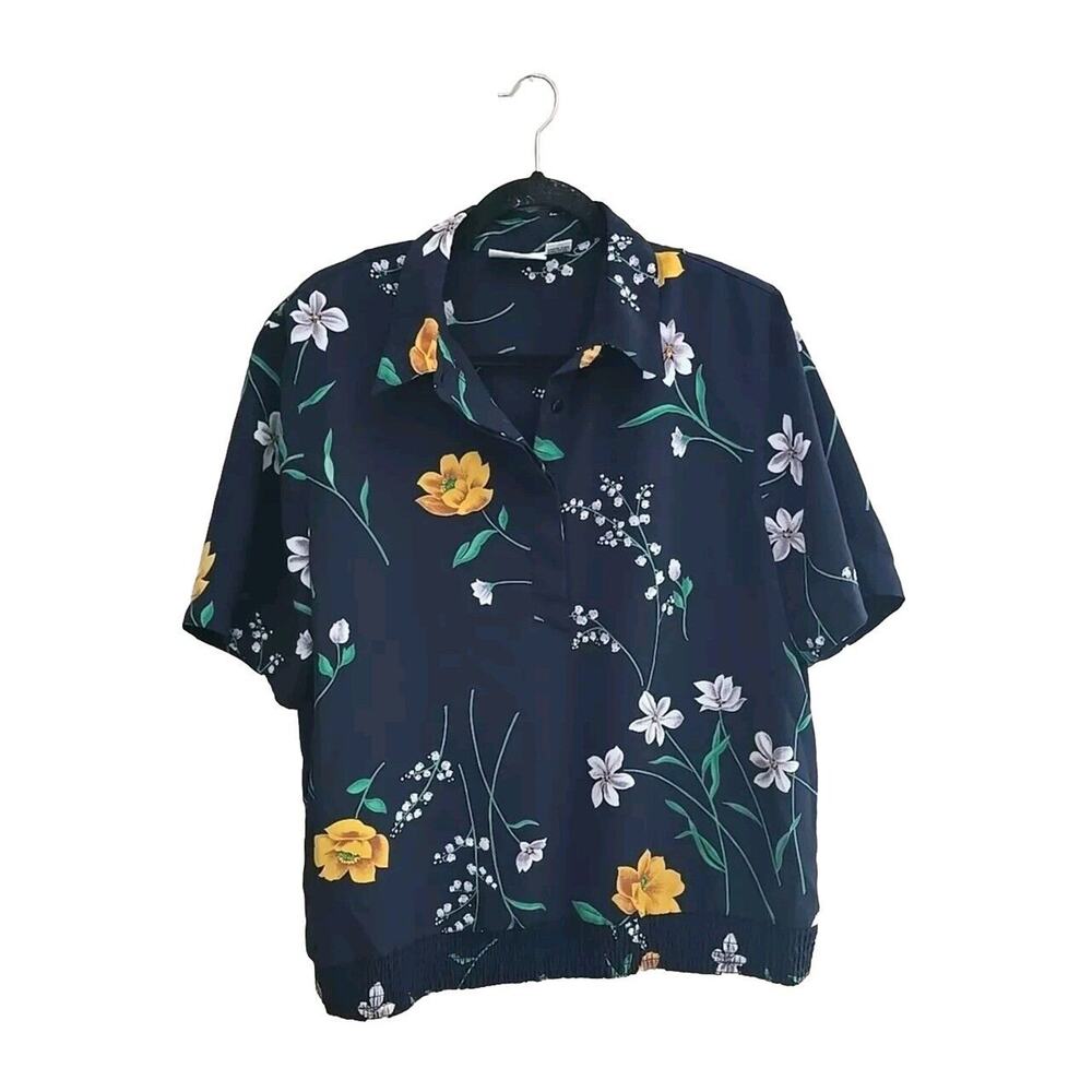 Alfred Dunner Navy Blue Floral Tropical Smocked Waist Popover Top Womans Size 18